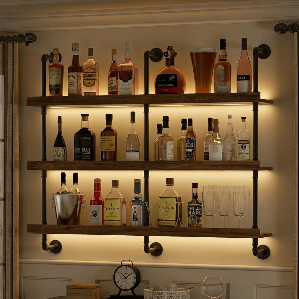 Wine Beer Liquor - Настенная винная полка с LED-подсветкой, трехуровневая